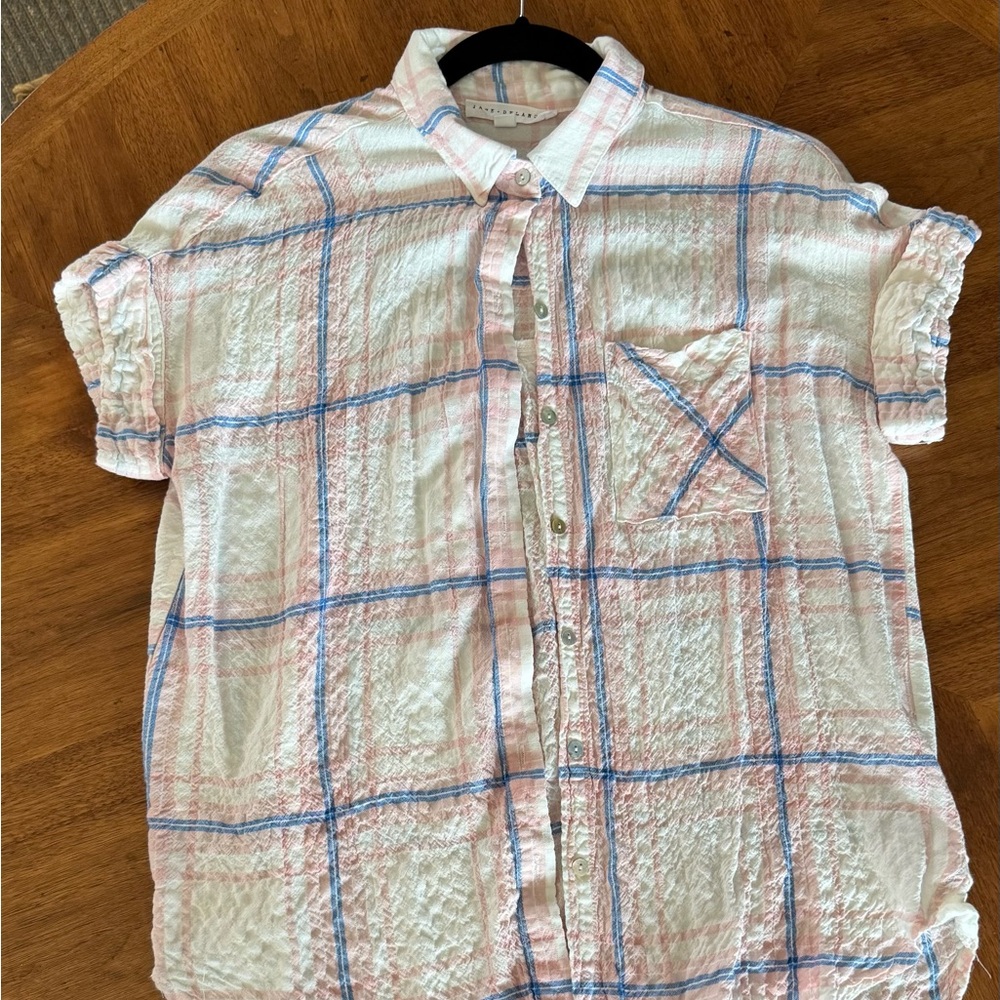 Casual Plaid Button-Up Blouse in Pink and Blue
